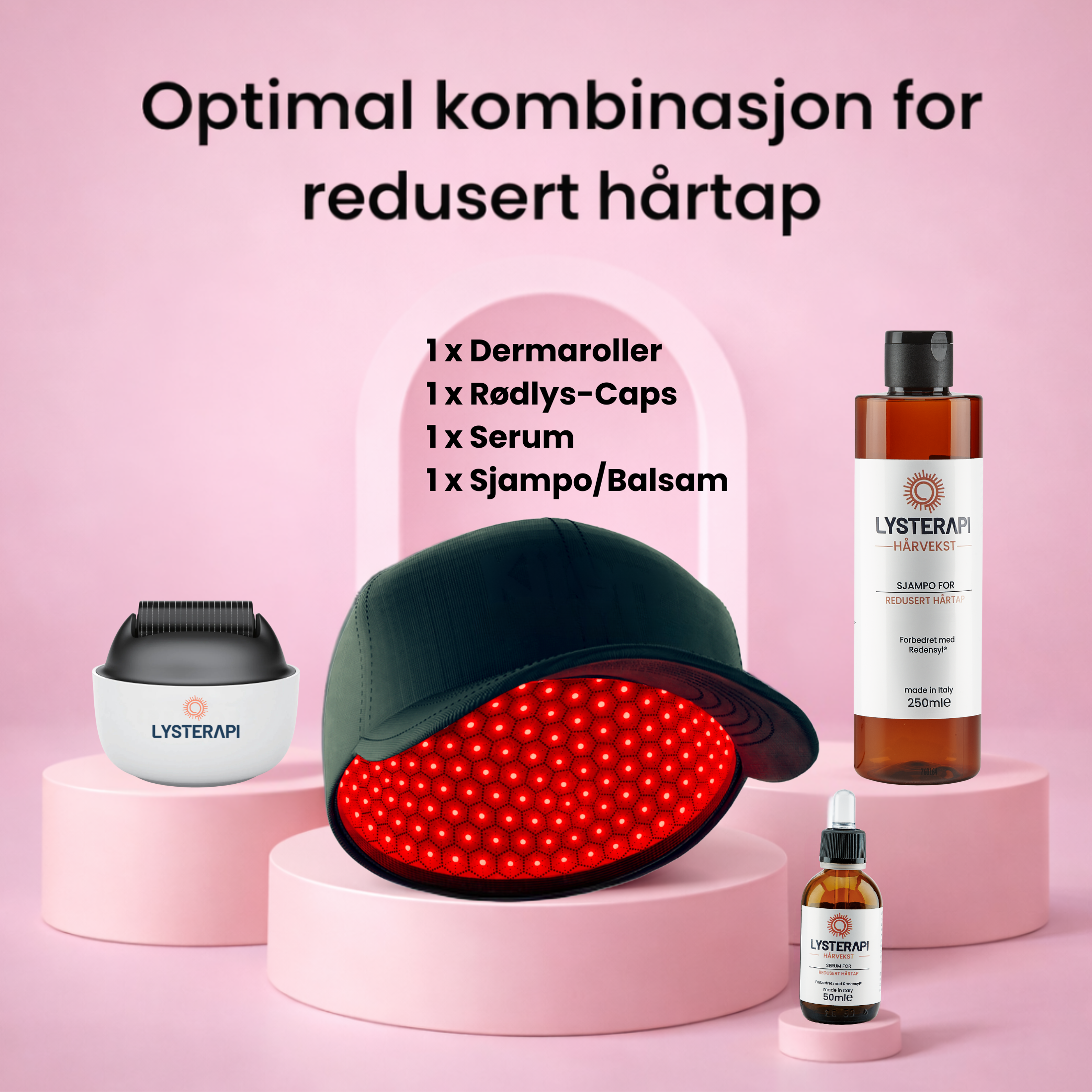 Komplett hårvekst-rutine: Dermaroller, Rødlys-Caps, Hårvekst-Serum og sjampo/balsam