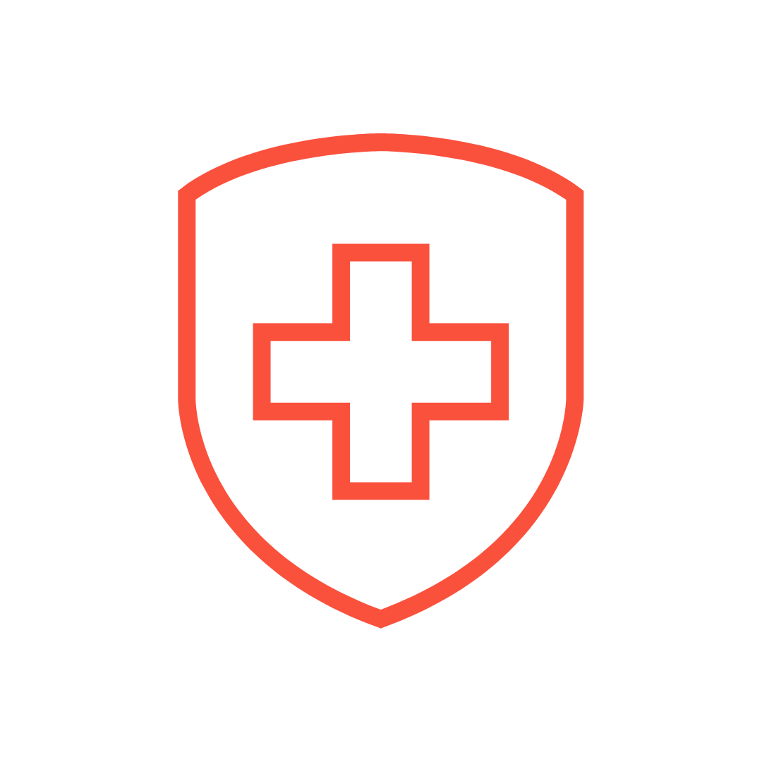 Red medical cross inside a shield outline on white background.