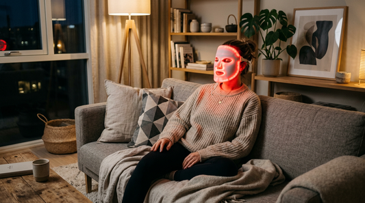 Kvinne med rødlysende LED-ansiktsmaske hjemme