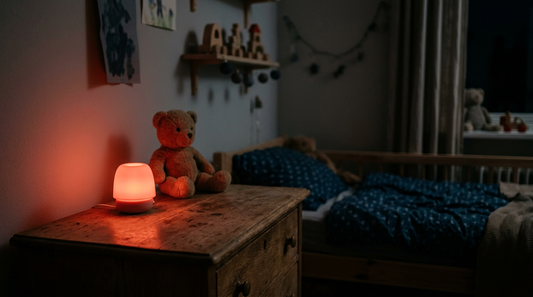 Rød nattlampe som lyser på et barnerom om natten