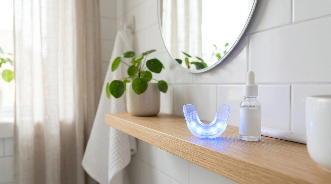 LED-tannblekingskit med blått lys på en baderomshylle