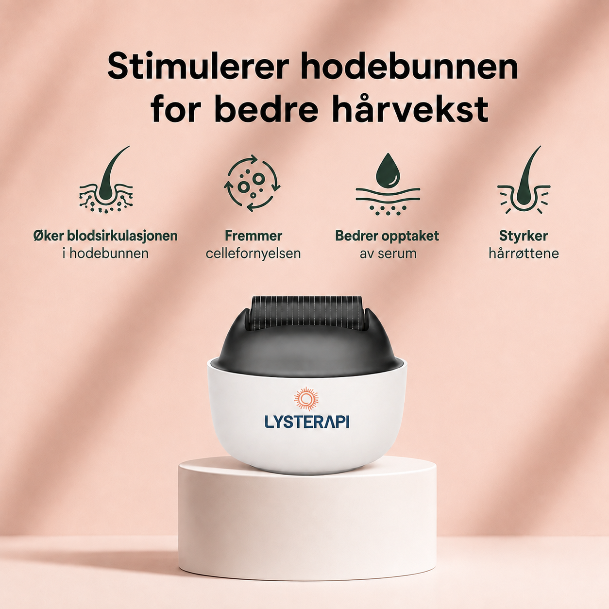 Dermarolleren stimulerer hodebunnen: øker blodsirkulasjonen, fremmer cellefornyelsen, bedrer opptaket av serum og styrker hårrøttene