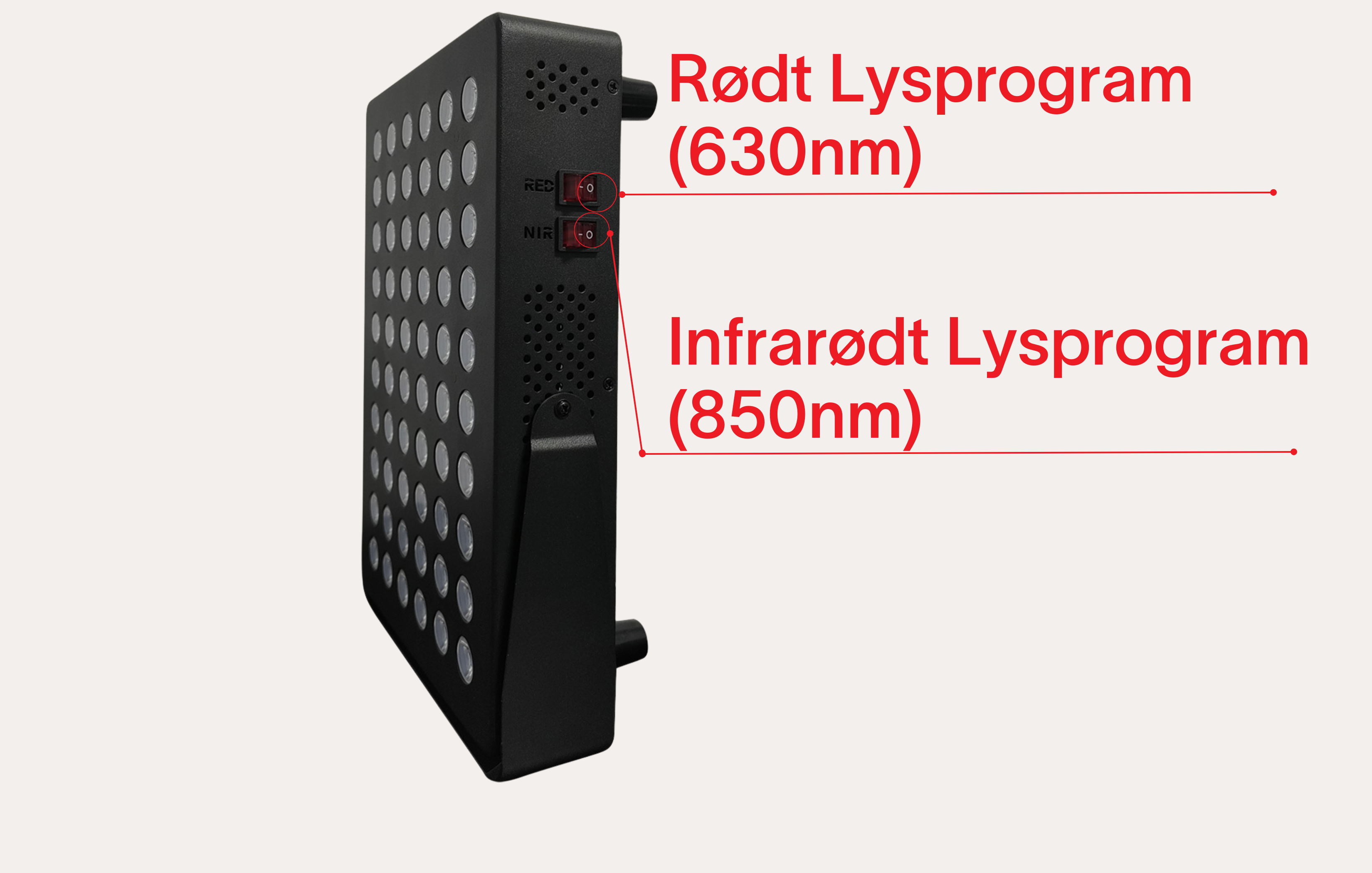 Red light therapy panel with buttons for light program and duration selection.